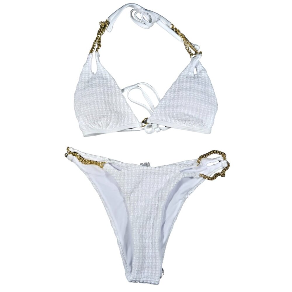 SHEIN White Textured Bikini with Gold Chain Accents
